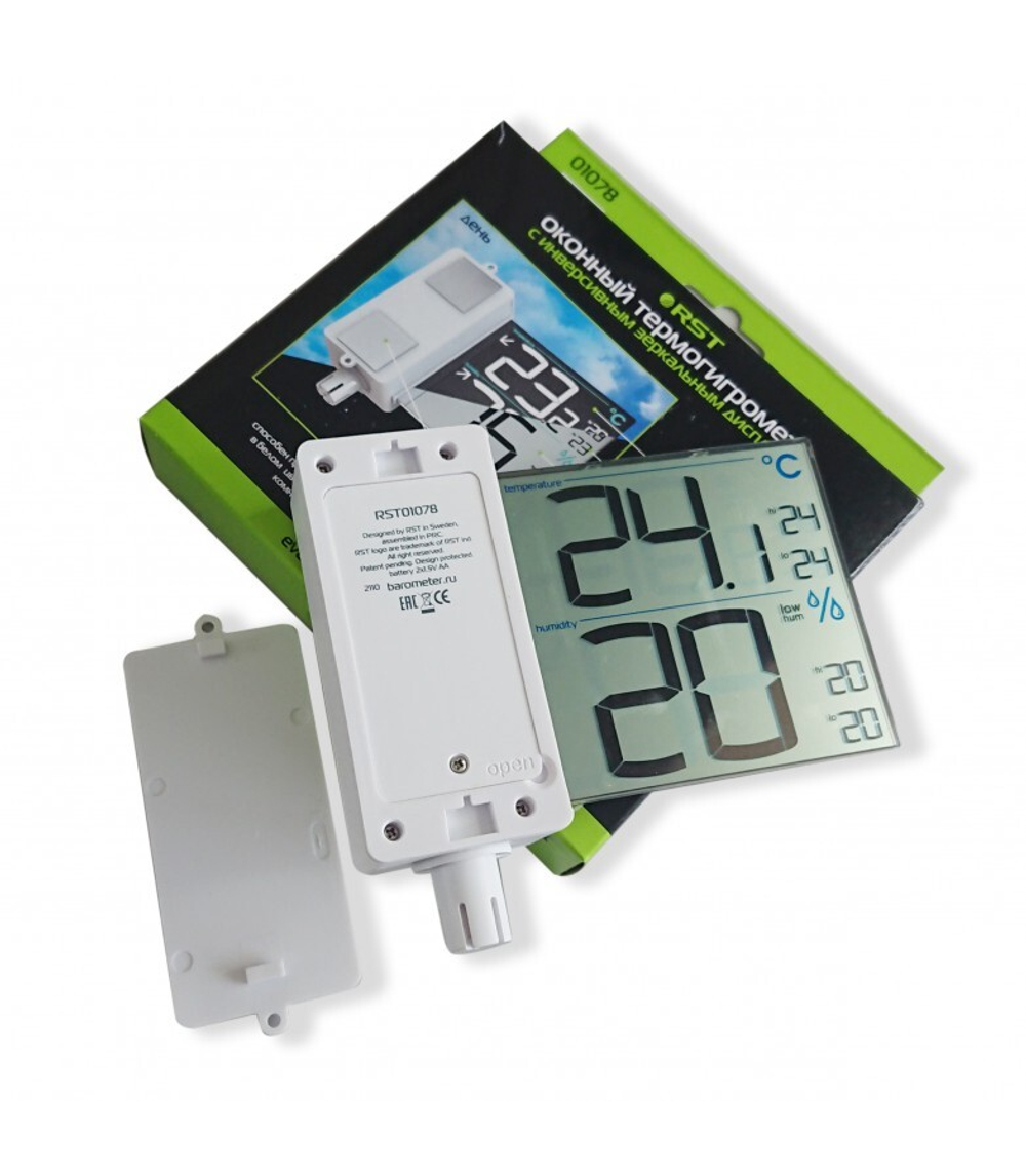 Оконный термометр-гигрометр с инверсивным зеркальным дисплеем RST01078