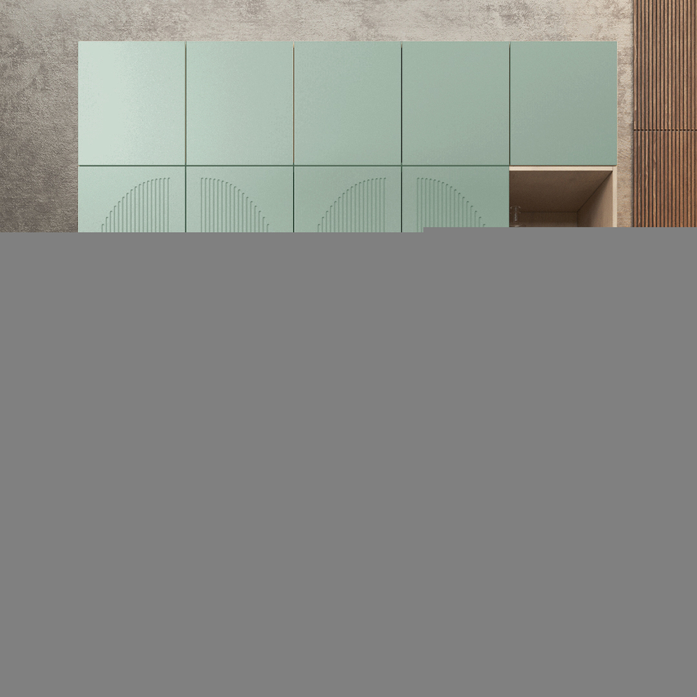 Шкаф Агератум МДФ четырехсекционный с антресолью и стеллажом Лайн шалфей (0,27) А10024 матовая - Дуб Сонома 3025  260*45*220