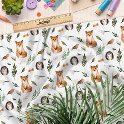 Ткань лен лисята и ежата