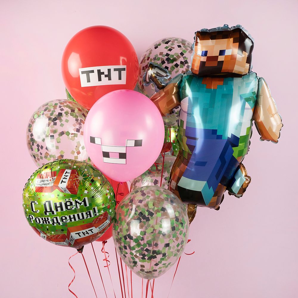 Шар (18''/46 см) Круг, Пиксели, С Днем Рождения!, Зеленый, 1 шт. в уп.