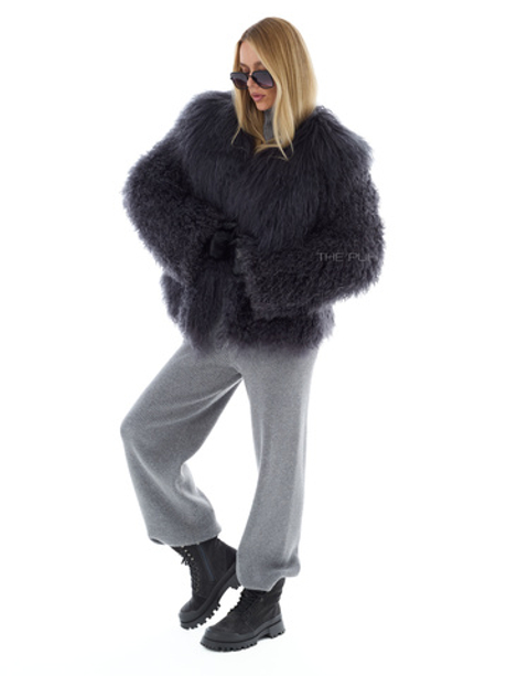 Графитовая короткая шуба из меха ламы