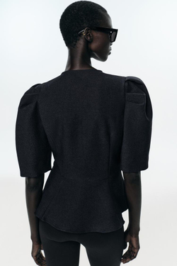 ZARA ТОП С БАСКОЙ И ОБЪЕМНЫМИ РУКАВАМИ, АНТРАЦИТОВО-СЕРЫЙ