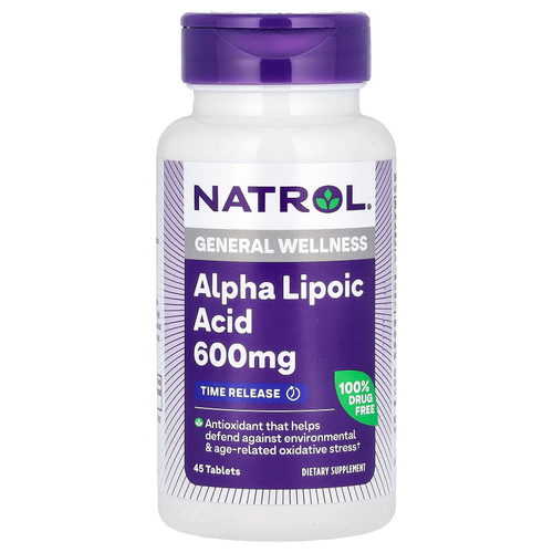 Natrol, Альфа-липоевая кислота, медленное высвобождение, 600 мг, 45 таблеток