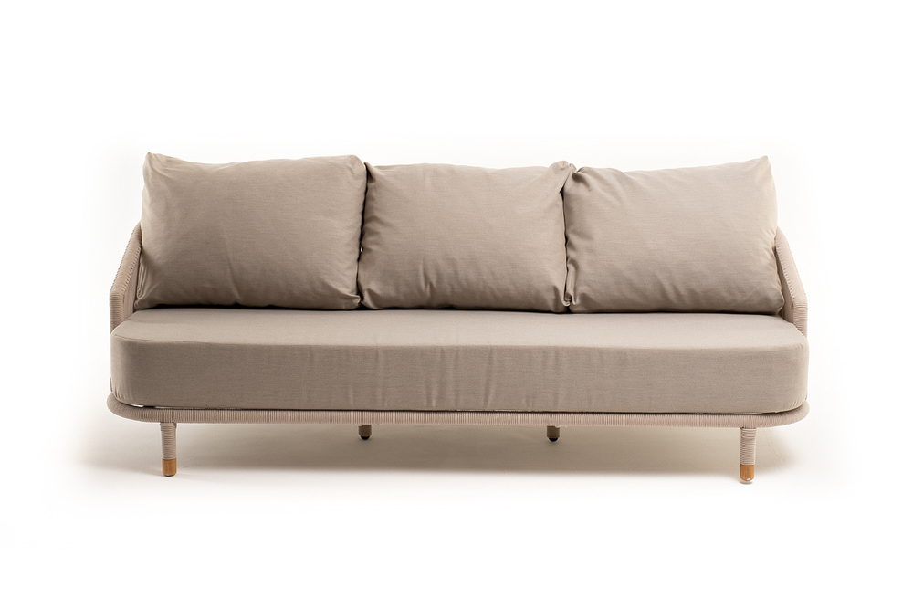 "Верона" диван 3-местный плетеный из роупа, каркас алюминий белый муар, роуп бежевый круглый, ткань бежевая 15052