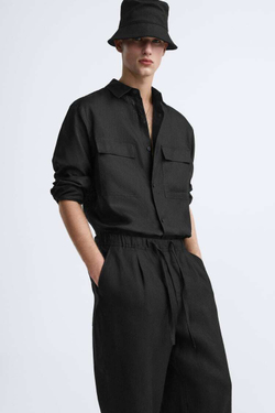 ZARA БРЮКИ-ДЖОГГЕРЫ ИЗ 100% ЛЬНА, ЧЕРНЫЙ