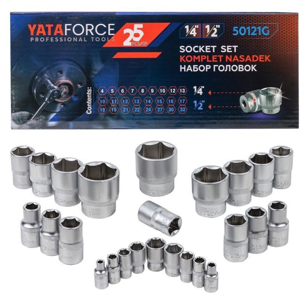 Головки 1/4'', 1/2'', набор 25пр YATAFORCE YF-50121G