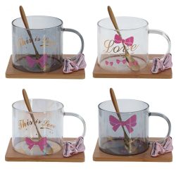 GAEM Кружка с ложкой на деревянной подставке, 290 мл, L12,5 W9 H8 см, 4в.