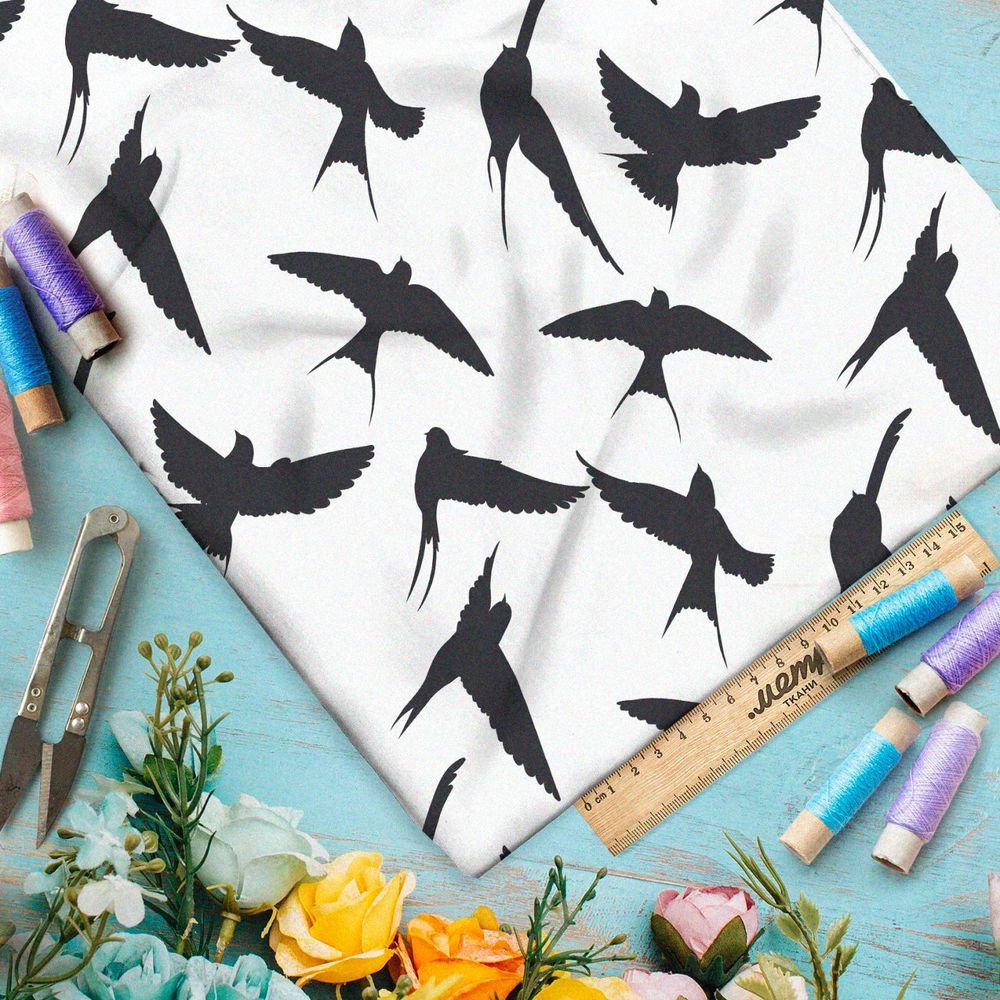 Ткань премиум таффета темные ласточки на белом