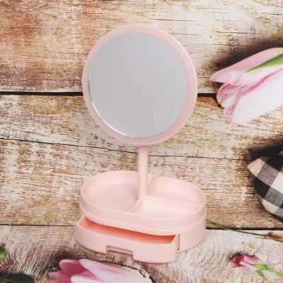 Зеркало настольное с подсветкой и органайзером «Beauty», цвет розовый, USB, 35*18см