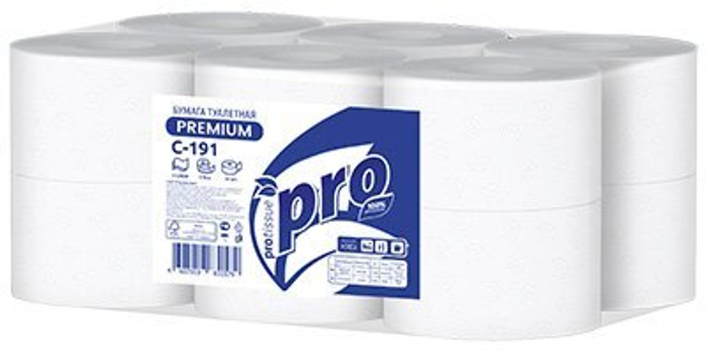 Туалетная бумага PROtissue Premium, 2-слойная, 170 метров, с тиснением, белая, 12 рулонов в упаковке