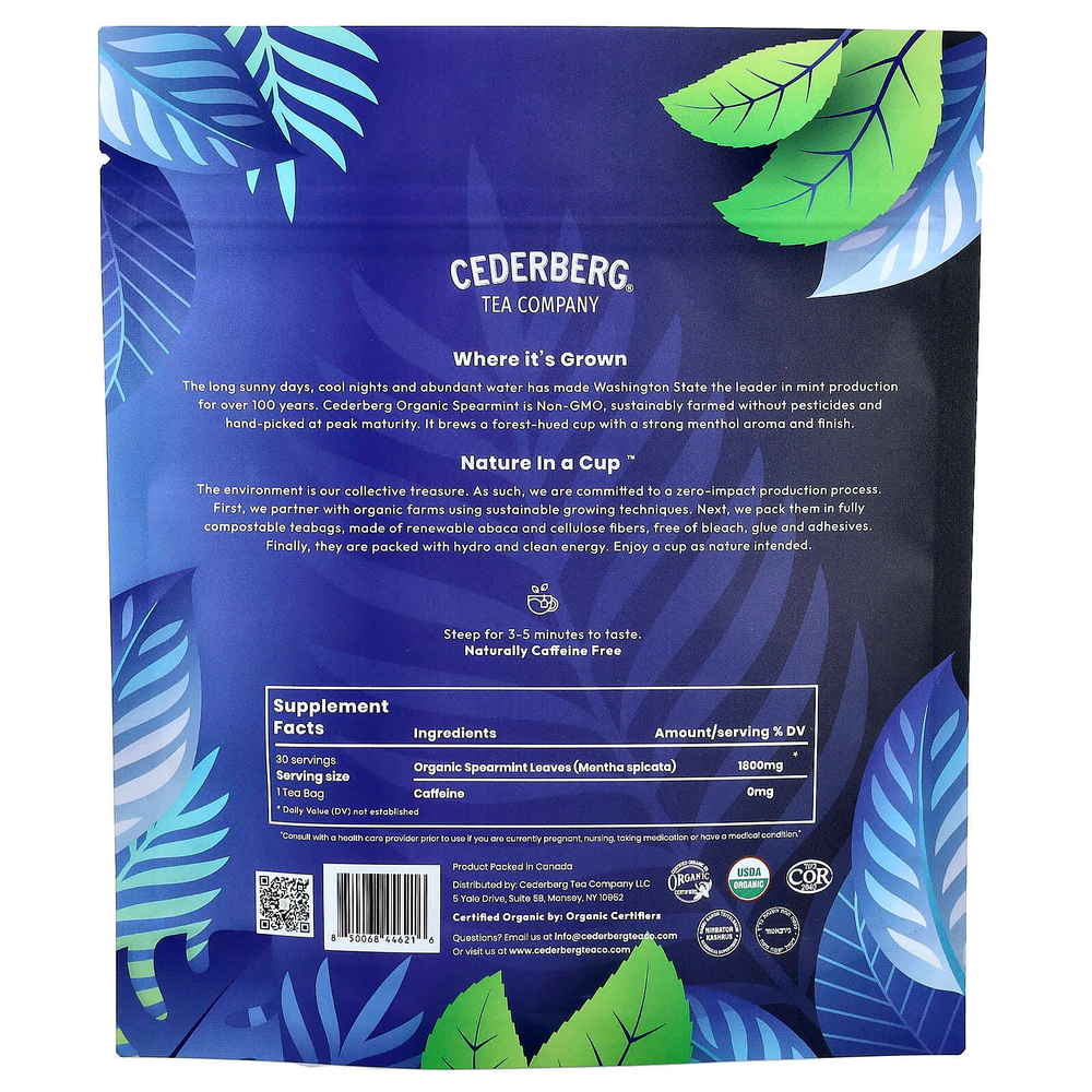 Cederberg Tea Co, Одноместный чай, органическая кудрявая мята, без кофеина, 30 натуральных чайных пакетиков, 42 г (1,48 унции)