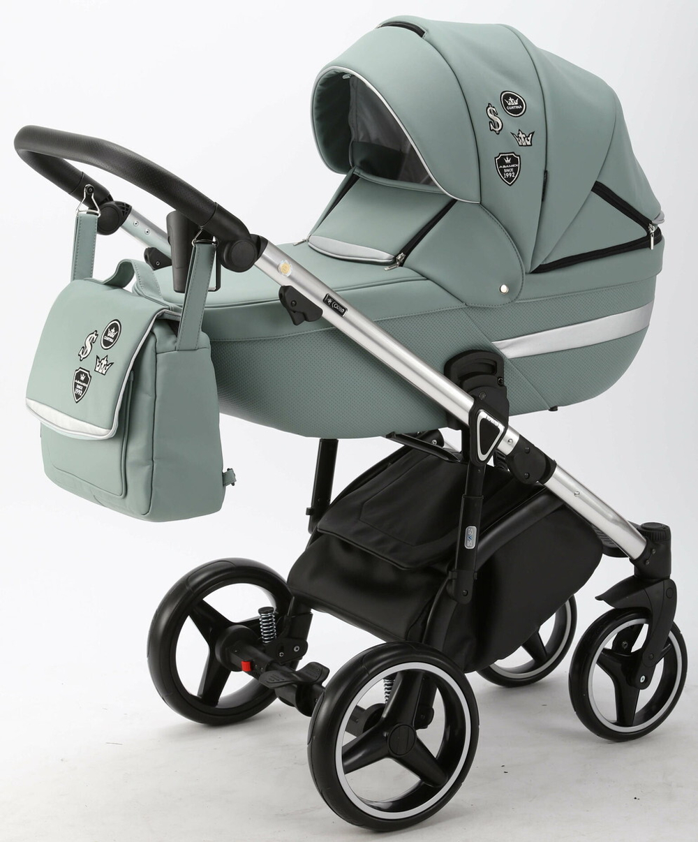 Детская коляска Adamex Cortina Deluxe 3 в 1 CT326 (СЕРО-ЗЕЛЕН.КОЖА+СЕРО-ЗЕЛЕН.ОТДЕЛКА+ХРОМ РАМА)