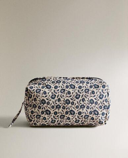 ZARA HOME ДЕТСКАЯ ХЛОПКОВАЯ КОСМЕТИЧКА С ЦВЕТОЧНЫМ ПРИНТОМ, СИНИЙ