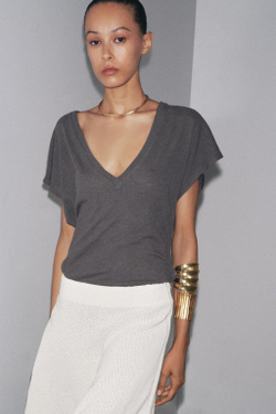 ZARA ФУТБОЛКА ИЗ ХЛОПКА И ЛЬНА, УГОЛЬНЫЙ