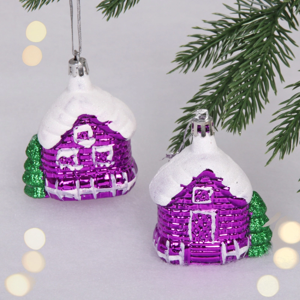 Елочные игрушки «Домик в лесу» 7 см (набор 2 шт), Фиолетовый