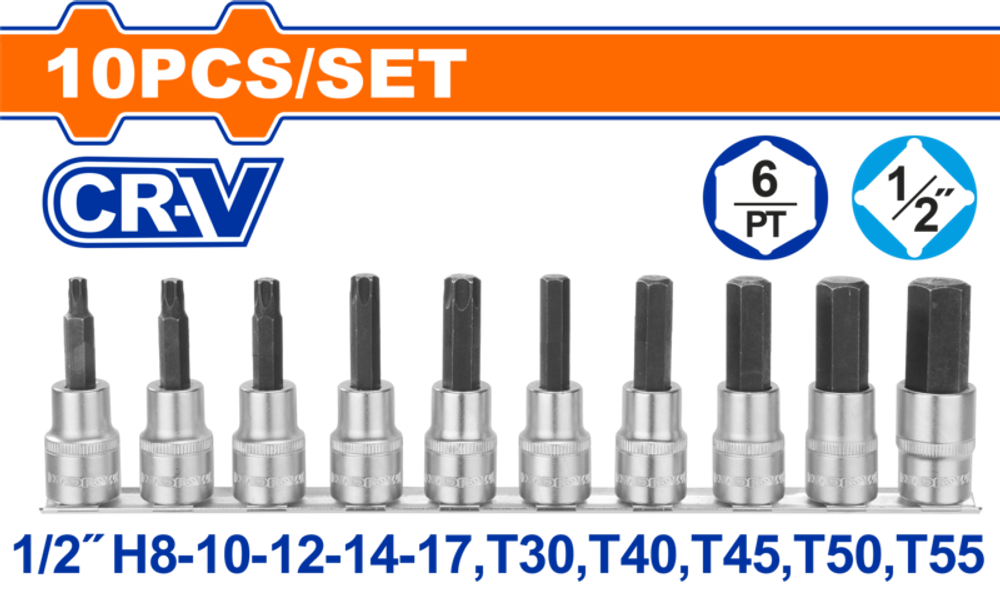 Набор торцевых головок с битами 1/2" 10 шт (10/20) WADFOW WST1412