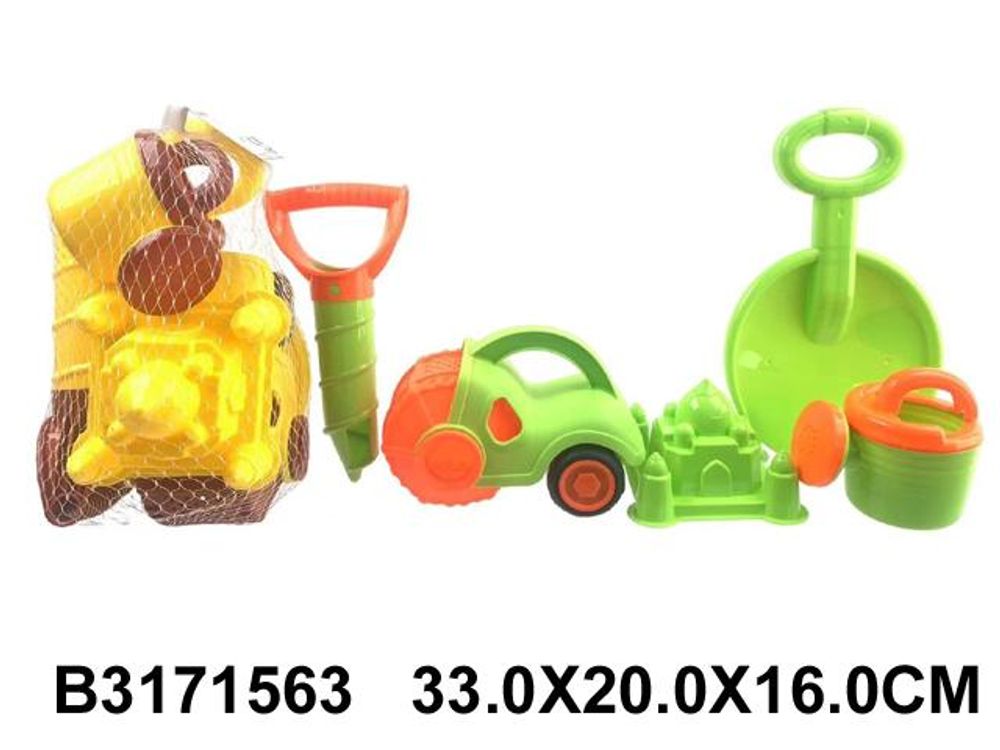 Набор для игры в песок 5 предметов: лейка, лопата, формочка, каток, сетка 301-4