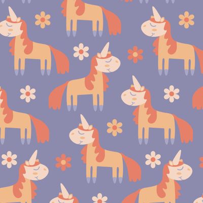 Купить детскую ткань Оранжевые единороги. Принт милые лошадки. Orange unicorns baby fabric print.