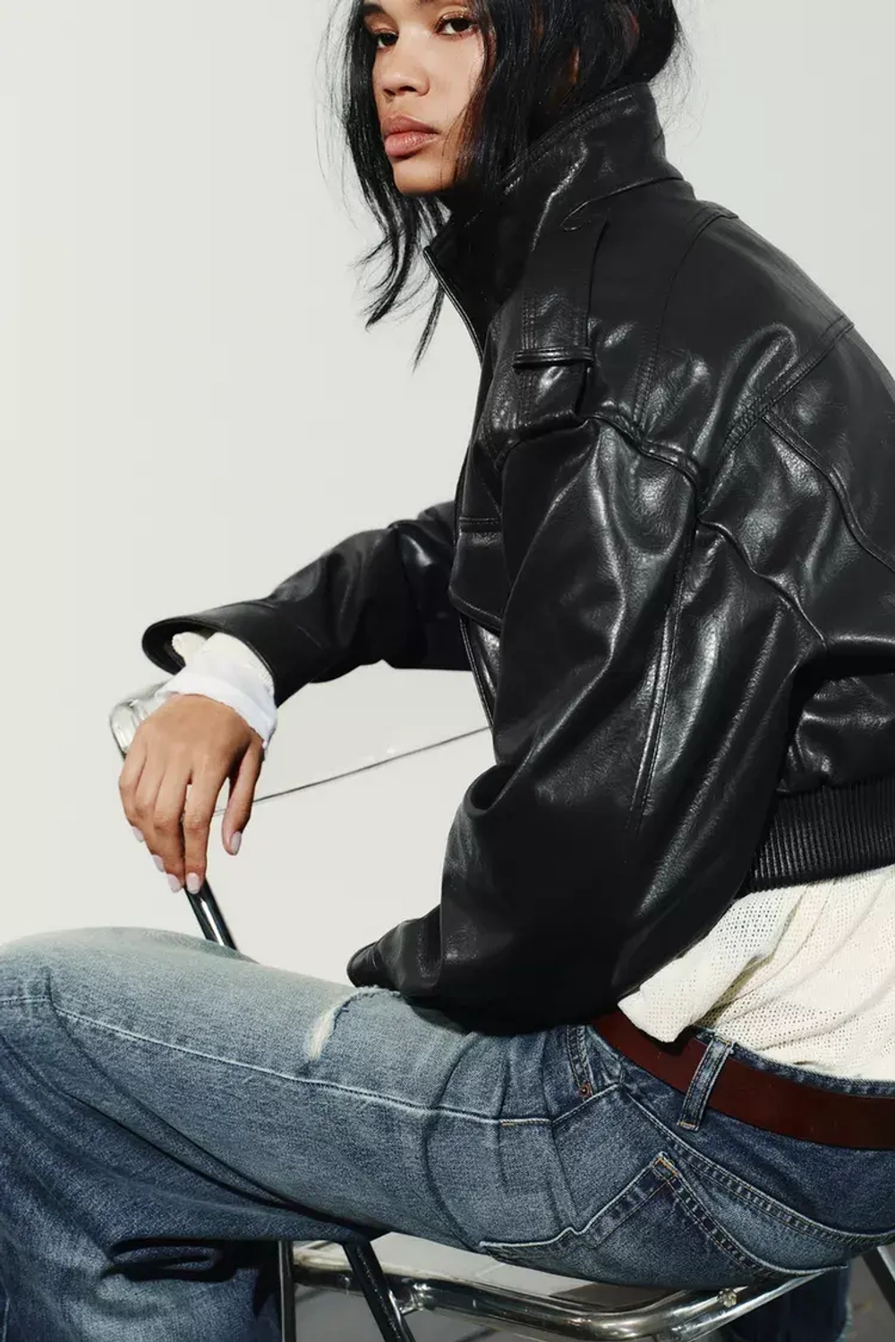 ZARA УКОРОЧЕННАЯ КУРТКА ИЗ ИСКУССТВЕННОЙ КОЖИ, СЕРО-КОРИЧНЕВЫЙ