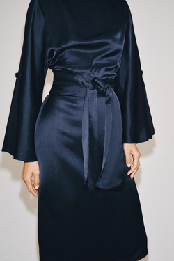 ZARA ПЛАТЬЕ МИДИ ИЗ СМЕСОВОГО ЛЬНА С ПОЯСОМ — ZW COLLECTION, СИНИЙ