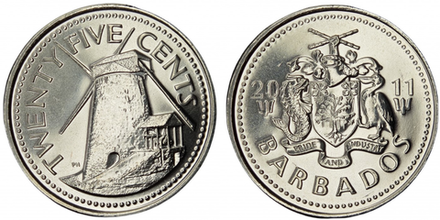 Барбадос 25 центов, 2007 - 2022 Мельница XF
