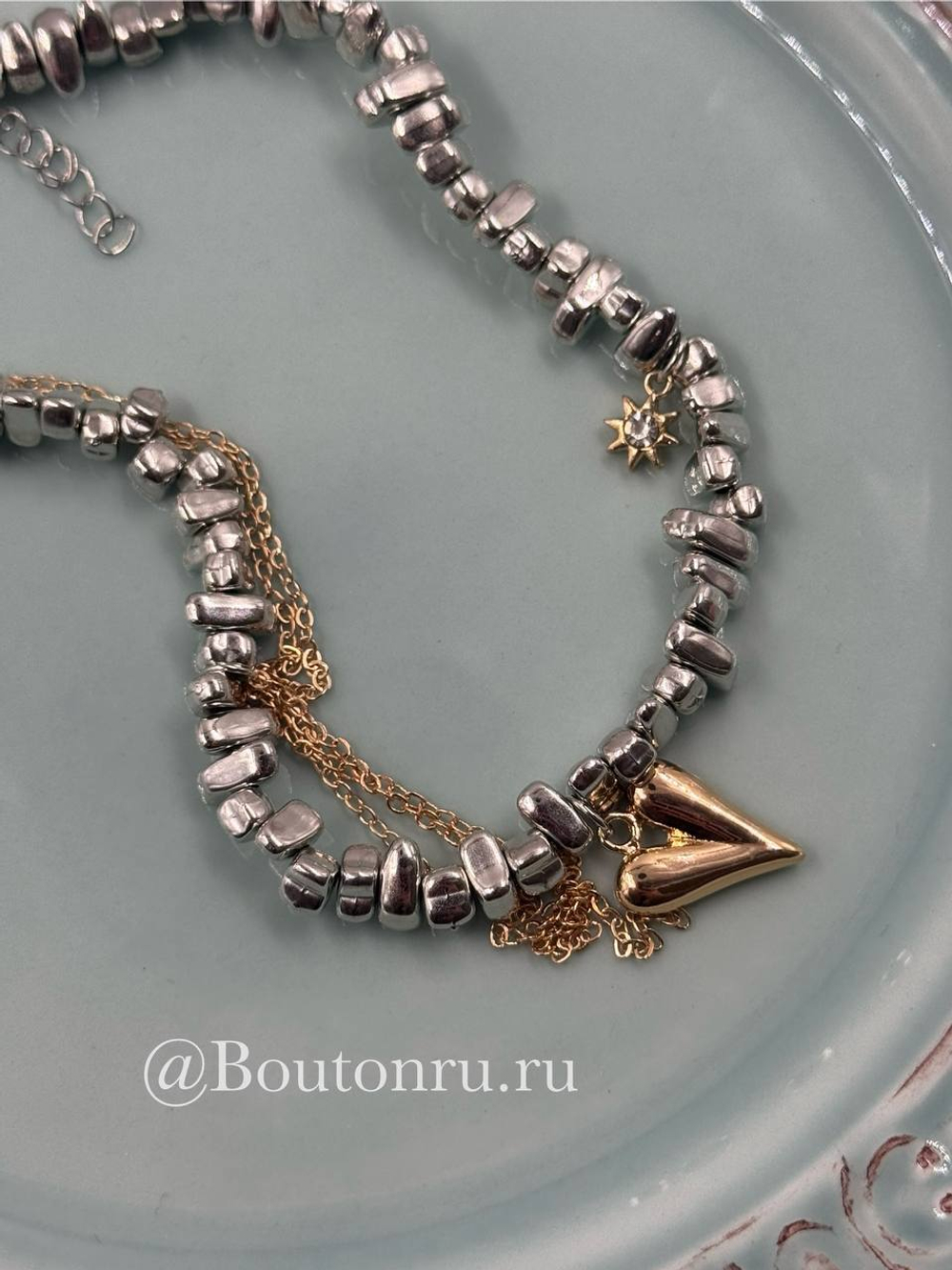 Колье серебристое с сердечком, звездочкой и цепью биколорное