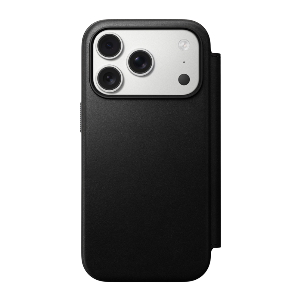 Кожаный чехол-книжка MagSafe Nomad Modern Leather Folio для iPhone 17 Pro Гибридный укреплённый чехол из натуральной цельнозерновой кожи с сенсорной накладкой для Контроллера камеры. Есть отделение для купюр и встроенный картхолдер — вмещает до трёх карт