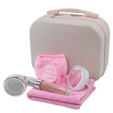 Набор(сумка розовая 2149#+полотенце+зеркало52870+повязка на голову на липучке+лейка для душа52061) La and Te beaute LT4Bag