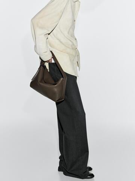 Massimo Dutti Небольшая сумка через плечо из кожи наппа, хаки