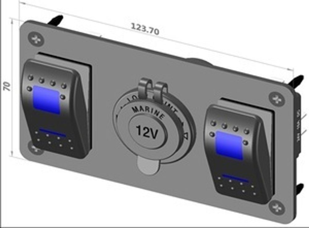 Электропанель 2 клавиши ON-OFF + розетка 12В (двойная синяя подсветка); На лодки, катера и яхты;310157