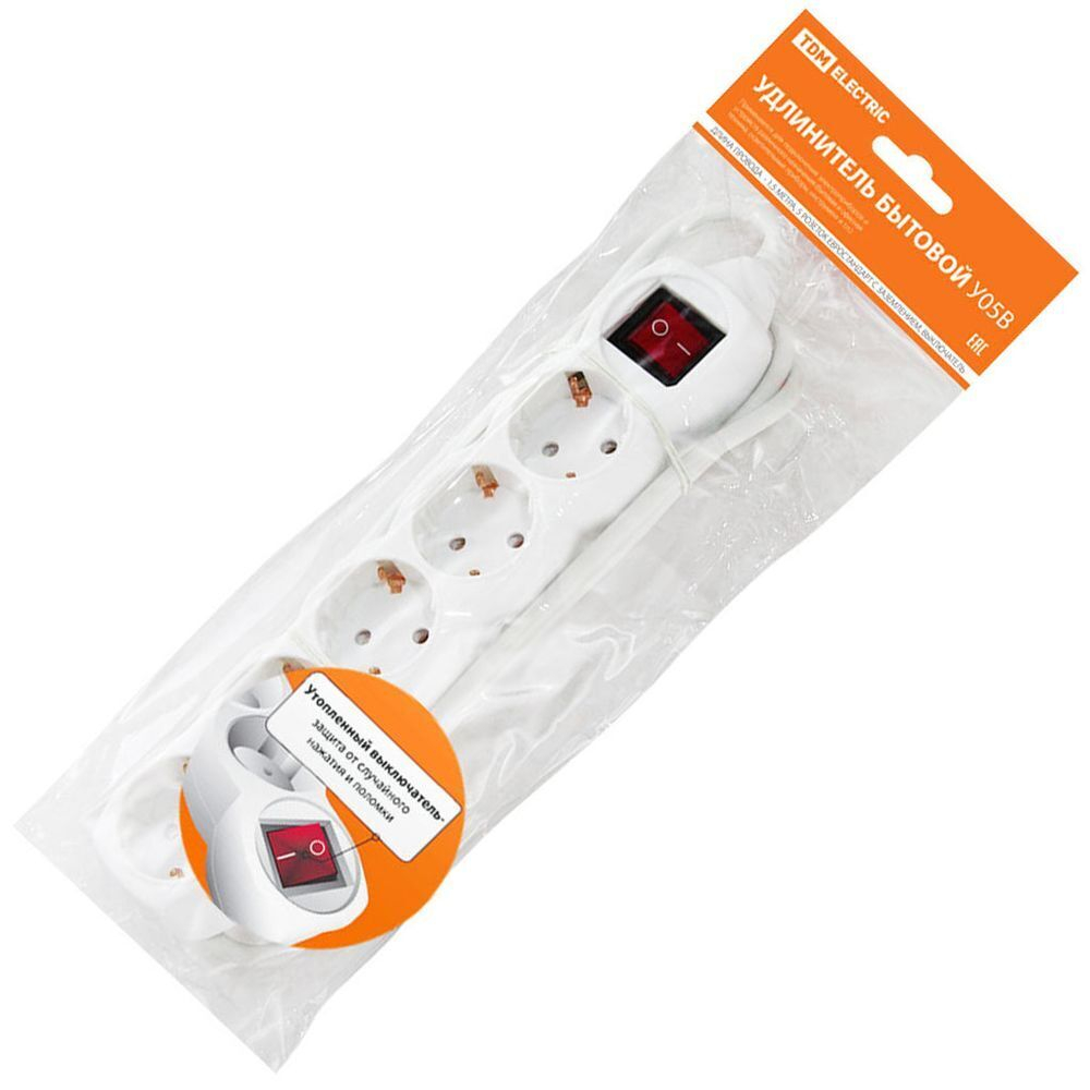 Удлинитель бытовой 5 гн, 1.5 м, ПВС, 3х1 мм2, с/з, 16 А, выкл, 250 В, TDM, У03В, SQ1303-0120