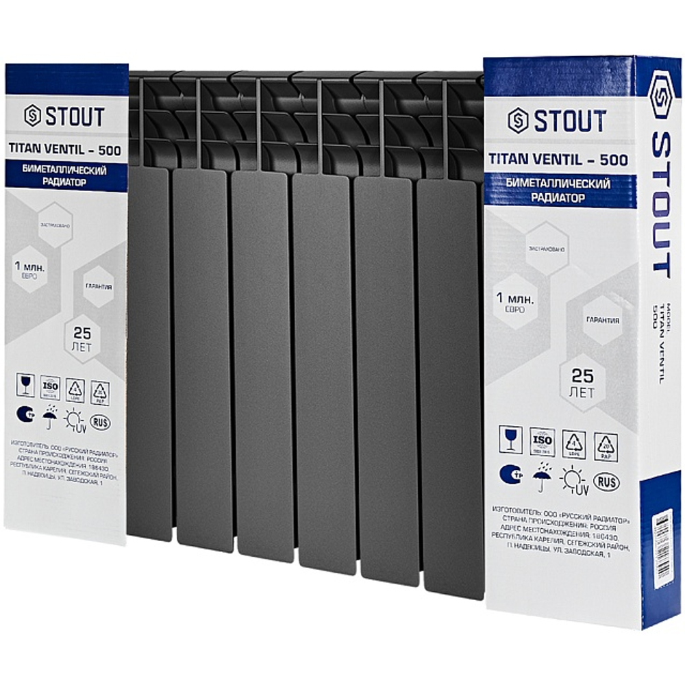 Радиатор биметаллический STOUT TITAN VENTIL 500 - 10 секций (подключение нижнее правое, цвет графит RAL 7024)