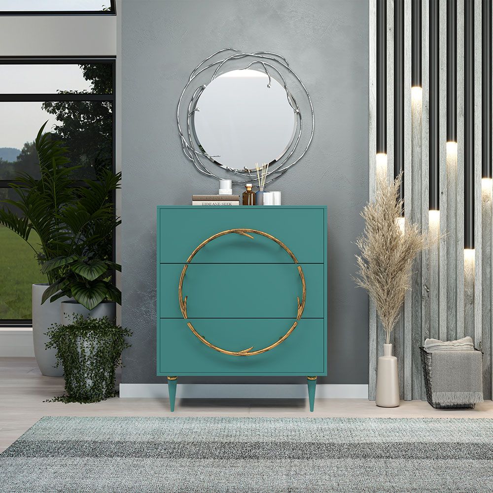 Комод Арт Колор matte Классик Голд с 3 ящиками Пастельно-синий матовый