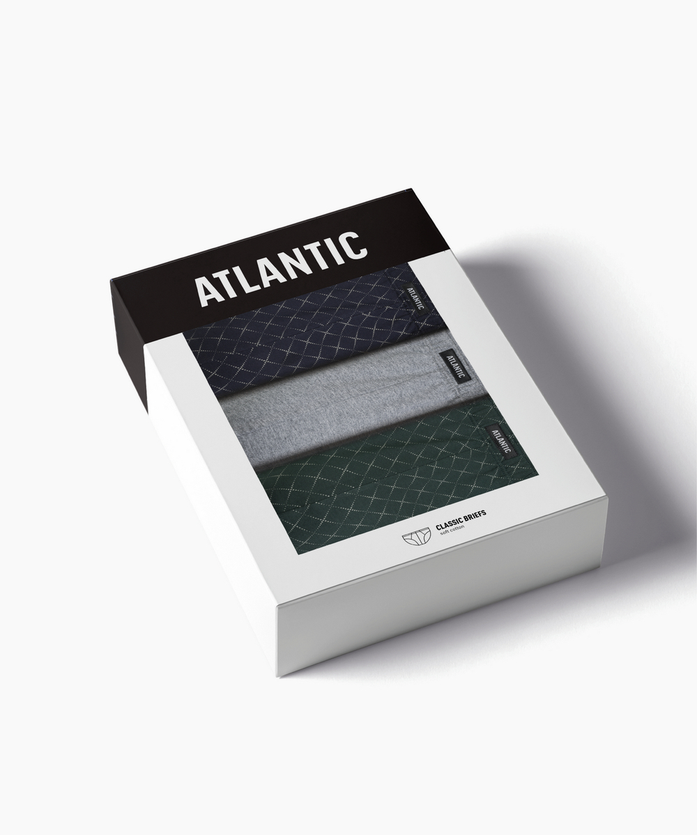 Мужские трусы слипы классика Atlantic, набор 3 шт., хлопок, тёмно-синие + серый меланж + зелёные, 3MP-205