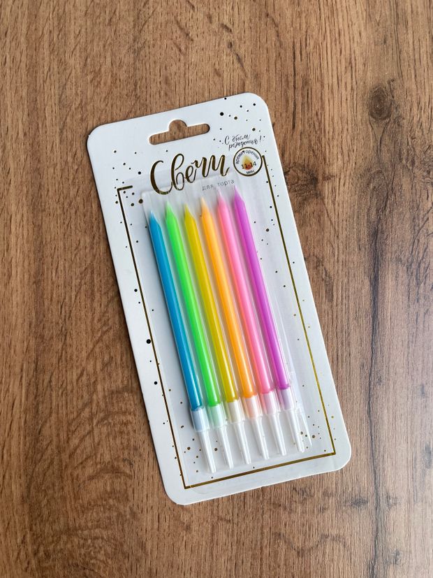 Свечи тортово-коктейльные Микс Неон с держателями / 6 шт., 14 см / (Китай)