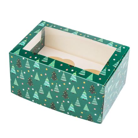 Коробка для 2 капкейков Елки зелёные, с окном