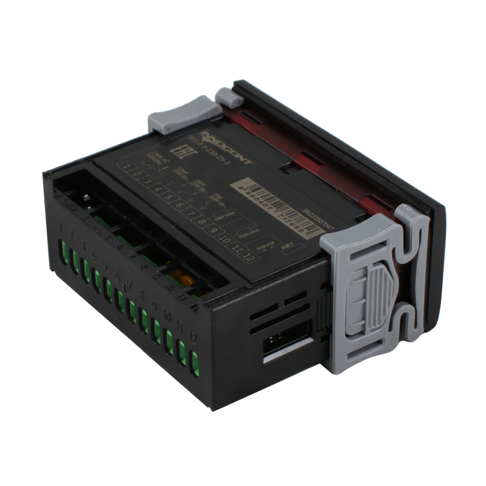 Температурный контроллер INNOCONT для управления охлаждением/размораживанием, 4 разряда, 77х35х61 мм, 2xNTC, выходы реле на компрессор, охладитель и испаритель, ON/OFF, 230VAC, комплектный фиксатор