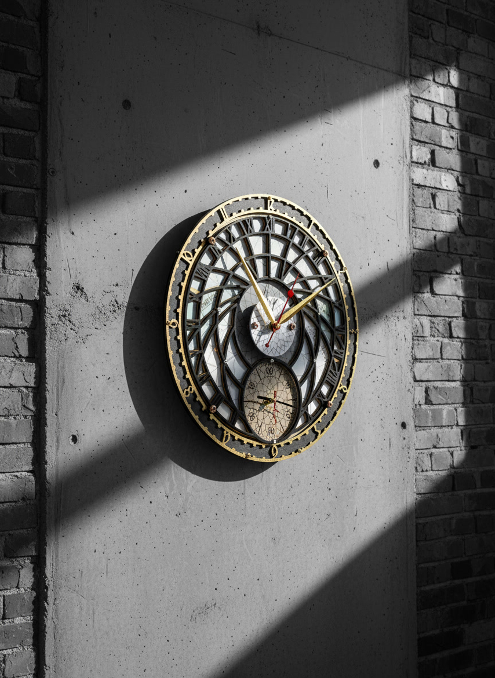 Деревянные настенные часы WOODandROOT «Башня Волшебника» с двойным циферблатом и ручной прорисовкой, освещённые диагональным дневным светом.