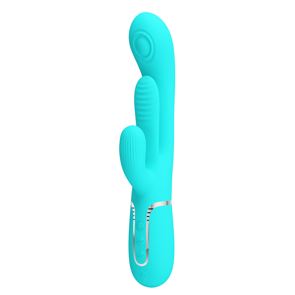 Бирюзовый вибратор-кролик 22,2см с дополнительным язычком Pretty Love Triple Rabbit Multifuncional Vibrador BW-500041-1