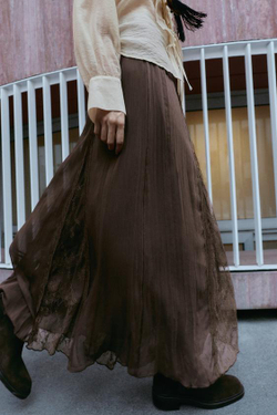 ZARA ЮБКА С КРУЖЕВНЫМИ КЛИНЬЯМИ ГОДЕ, ТЕМНО-КОРИЧНЕВЫЙ