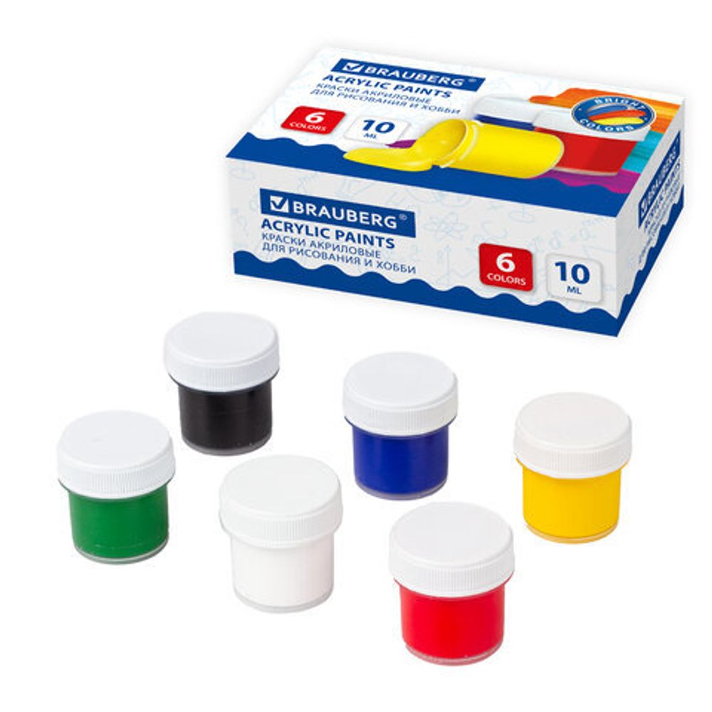 Краски акриловые для рисования и хобби BRAUBERG 6 цветов по 10 мл, 191599