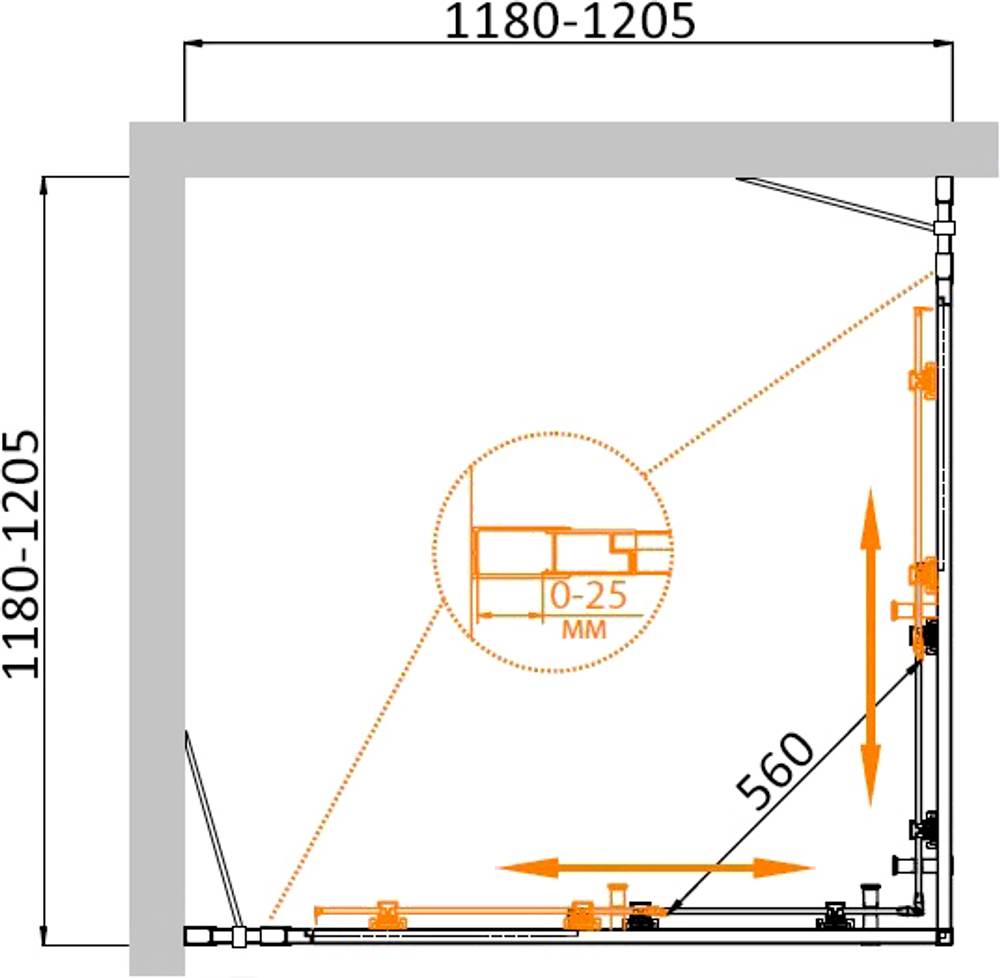 Душевой уголок Cezares MOLVENO-A-22-100+20-C-GM-IV, 120х120х195, профиль оружейная сталь, прозрачное стекло