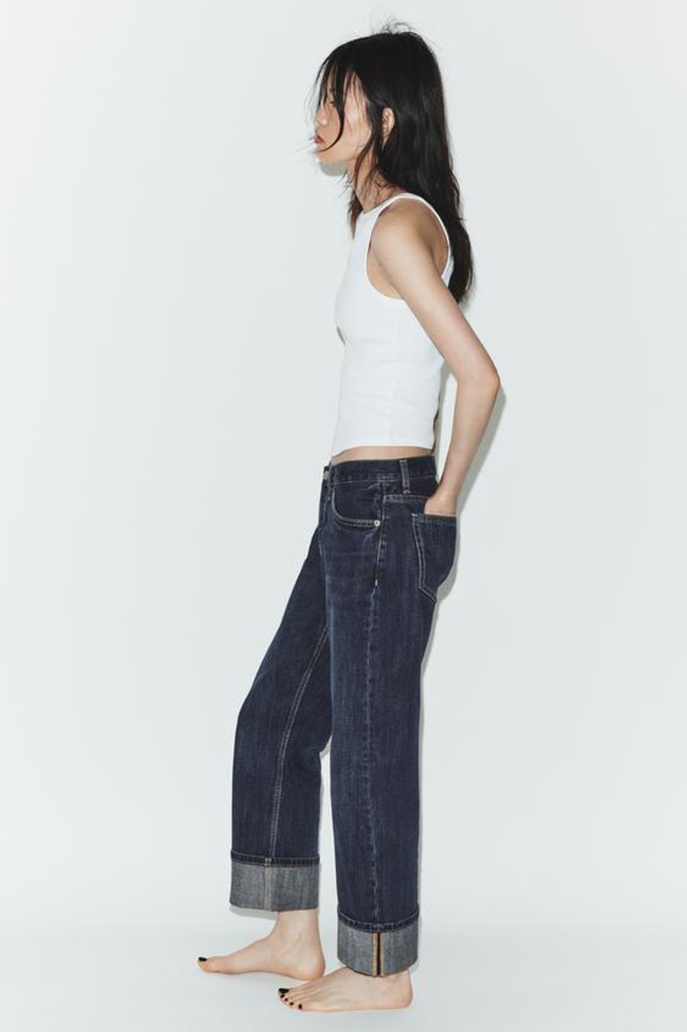 ZARA ДЖИНСЫ TRF ПРЯМОГО КРОЯ С ОТВОРОТАМИ И СРЕДНЕЙ ПОСАДКОЙ, ТЕМНЫЙ ИНДИГО