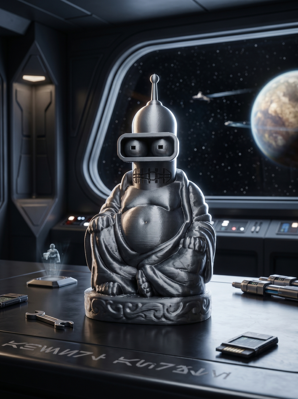 Будда Робот Бендер (Buddha Bender Futurama), статуэтка шуточная декоративная для интерьера, 3D печать, 11 см.