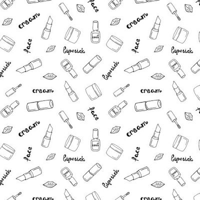 Женская косметика в дудл стиле. Помада, губы, флакончик с лаком, кисточка, надпись на английском.