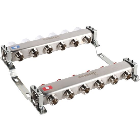 Коллектор Rommer 1"x3/4" на 6 контуров с запорными клапанами (нерж. сталь) RMS-3200-000006