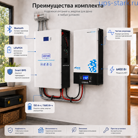 Комплект ИБП Stark 6200 Solar + литиевый АКБ Vektor VE LFP POWERWALL 51.2-150W, 150 Ач