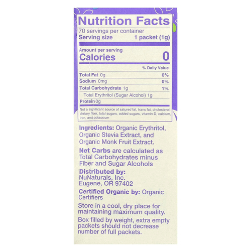 NuNaturals, Органический подсластитель, стевия и архат, 70 пакетиков, 2,47 унции (70 г)