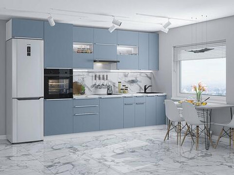 Прямая модульная кухня Фьюжн-01 Silky Blue - Белый 2340*3600*600