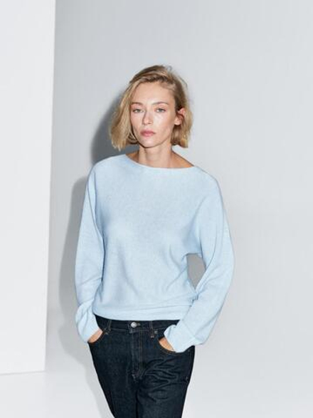 Massimo Dutti Свитер с вырезом «лодочка», небесно-голубой